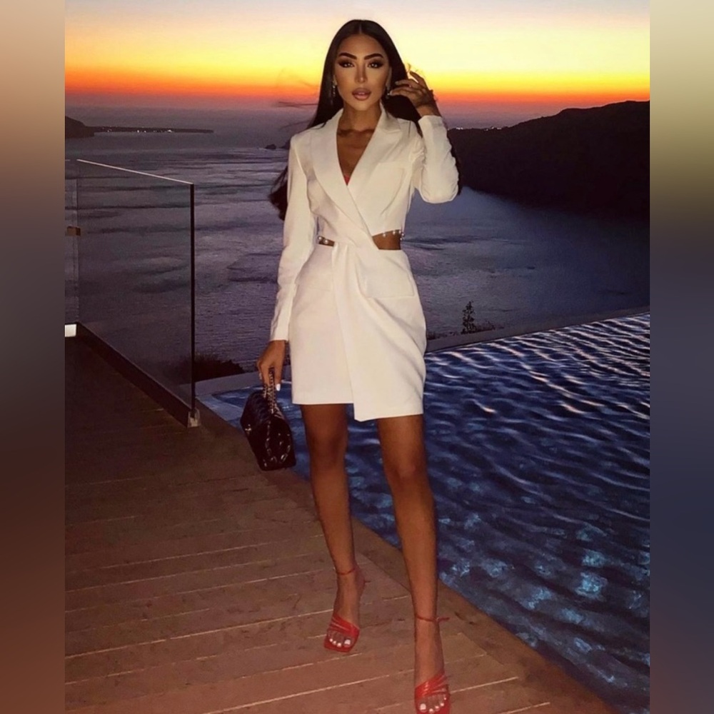 Lavish Alice pearl trim cut out waist blazer dress in white